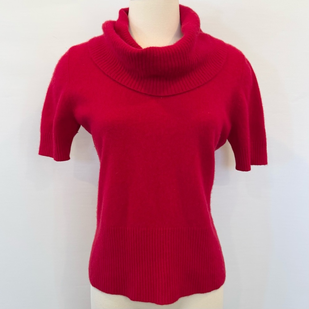 Luxury 100% Cashmere Sweater Red Short Sleeve Cowl Neck Turtleneck Apt. 9 Knit